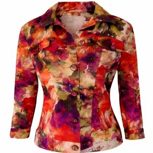 Chico's Blazer Jacket SZ: 4-6 Cotton Tropical Floral Button Down Beachy Colorful